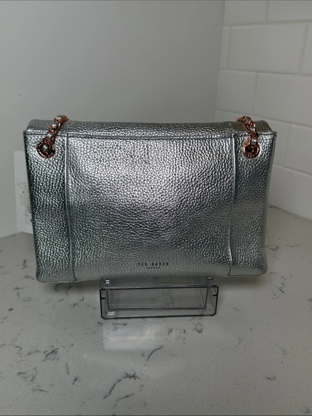 NWT Ted Baker London Parson Pebbled Metallic Silver Leather Crossbody Bag